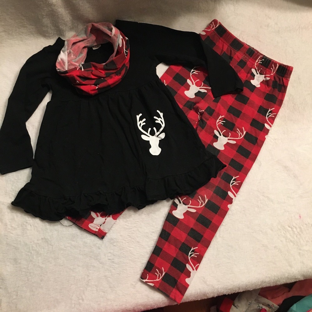 Unbranded 3pc Christmas Outfit Girls Size 120 Black‎ Red Buffalo Plaid Reindeer